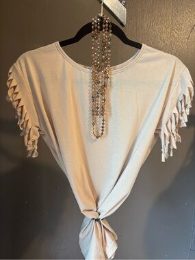 Women’s Cream Knotted Fringe Sleeve Top - Unbranded